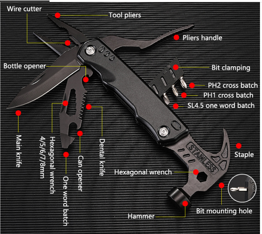 Outdoor portable multi-functional emergency tool hammer